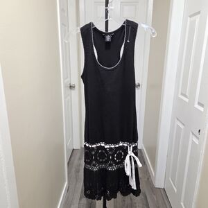 Y2K Moda International Black Crochet Hem Tank Dress Boho Fairy Grunge Cotton